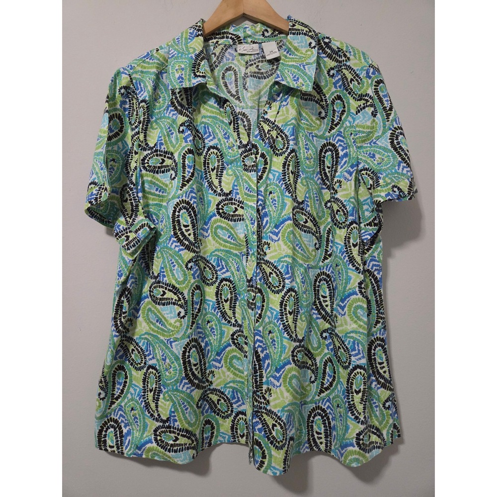 Kim Rogers Woman 2X Linen Button Down Shirt Paisley Green Blue Short Sleeve Top